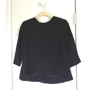 Vintage Top Blouse Womens Black Medium Formal Crepe Bead Trim Back Button Boxy